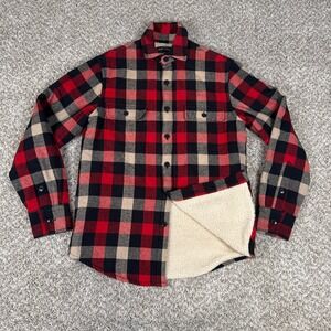 J Crew Shirt Jacket Mens XS Red Black Plaid Flannel Sherpa Lined Button Up G7023